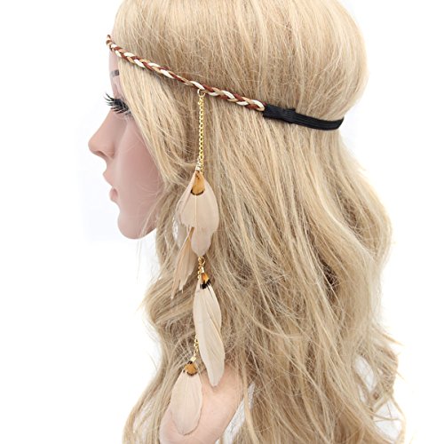 Fodattm Women Lady Bohemian Tassels Hairband Headwear Hippie Feather Headband Hoop Handmade Indian Fascinator Hair Bands Headdress Accessories (khaki) - color: khaki