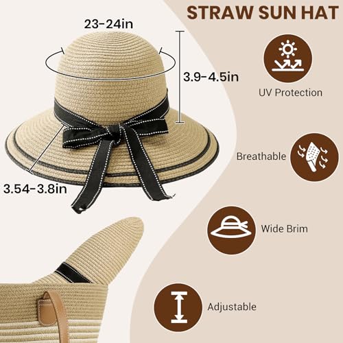 Beach Hats for Women, Wide Brim Sun Straw Hat for Women, Sun Hat UPF 50+ UV Protection - color: Beige Hat