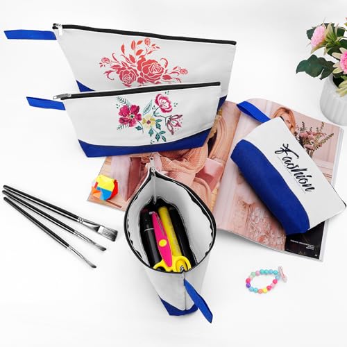 10 Pieces Cotton Canvas Makeup Bag with Bottom and Strap, Multi-Purpose Cosmetic Bag with Zipper Travel Toiletry Pouch, Blank DIY Craft Bag (White&Blue, L) - color: White&Blue, size: L