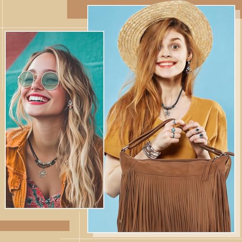 gisgfim 20 Pcs Boho Jewelry Fringe Purse Set Hippie Western Jewelry Fringe Bag Hippie Multi-Layer Choker Necklace Leather Bracelet Turquoise Rings Dangle Earring Western Gifts Set for Women