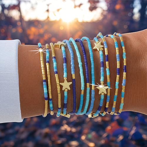 Dainty Gold Beaded Star Bracelets Stack for Women,Handmade Boho Colorful Beads Bracelet Fashion Prom Holiday Jewelry Gift Friendship Family - color: Blue
