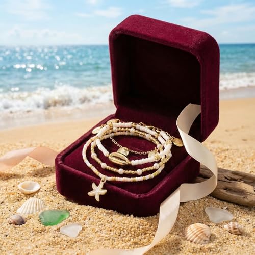 Boho Beads Beach Layered Anklet Set for Women, Handmade Gold Starfish Pearl Shell Anklets Summer Ocean Accessories Jewelry Gift - color: Shell