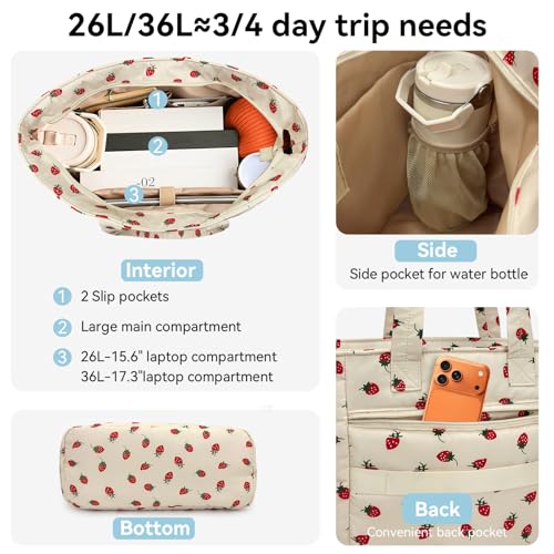 Puffer Tote Bag with Pouch, Women's Lightweight Quilted Shoulder Bag, 15.6"/17.3 Laptop Travel Weekender for Work & Nurses - color: Strawberry, size: Medium