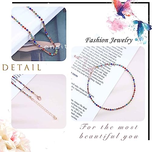 Boho Layered Rhinestone Ankle Bracelet Set Colorful Crystal Tennis Chain Anklet Summer Beach Rainbow CZ Anklet Sparkly Cubic Zirconia Foot Chain Jewelry for Women