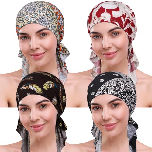 4 Pieces Chemo Headwear for Women, Pre-Tied Head Scarf Cancer Headwear for Hair Loss - color: Multicolor-2