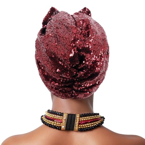 Erinaco Women Sparkle Sequin African Turban Bow Knot Pre-Tied Cap Pleated Ruffle Bonnet Beanie Hat Headwrap Skull Caps - color: Wine Red Sequin