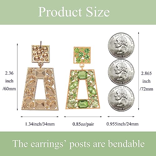 Rhinestone Rectangle Statement Earrings Colorful Crystal Geometric Drop Dangle Earrings for Women Prom Party - color: Lime Green