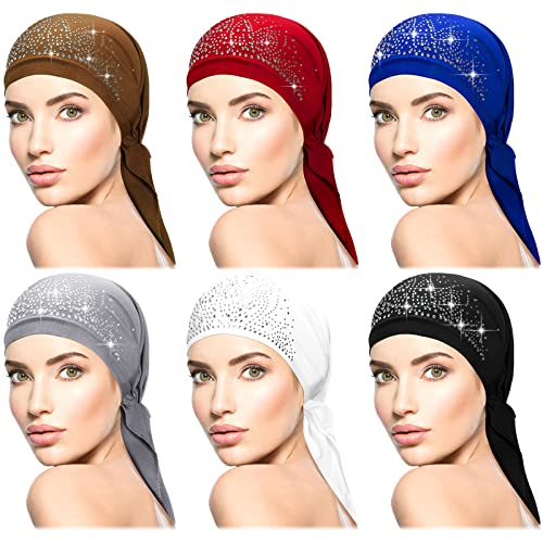Geyoga 6 Pack Rhinestone Head Scarf for Women, Sequin Pre Tied Head Wraps, Stretchy Turban Cap for Hair Loss & Daily Wear(Elegant Style) - style: Elegant Style