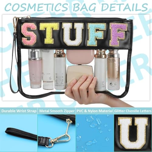 BuyCard Clear Stuff Bag for Travel, Preppy Chenille Letter Embroidered Zipper Pouch, Waterproof PVC & PU Leather Cosmetic Bag, Toiletry Makeup Bag for Women Girls Black - color: Black-Suff