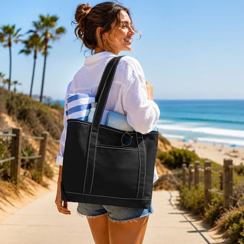 DALIX 20" Solid Color Cotton Canvas Shopping Tote Bag in Black-White - color: Black-white