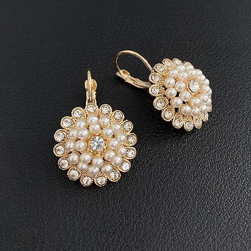 Unique Bohemian Vintage Sparkly Crystal Colorful Round Flower leverback earrings Boho Retro Bronze Circle Beaded Flower Floral Dangle Drop Earrings for Women - color: Gold 13