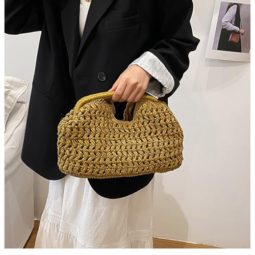 Women's handmade woven handbag beach vacation handbag straw crossbody bag - color: Ginger Yellow