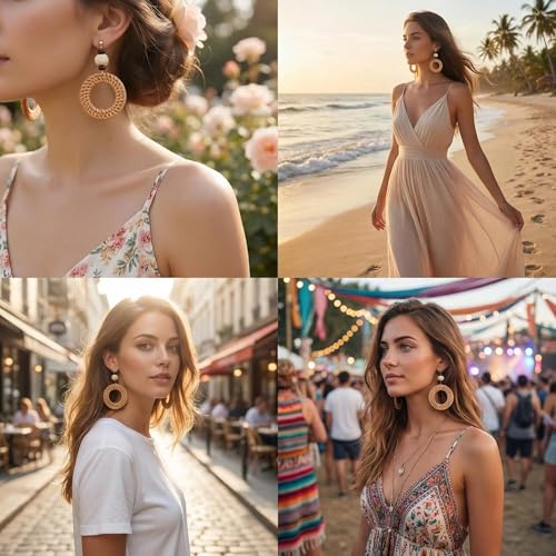 Woven Raffia Rattan Earrings for Women, Boho Flower Hoop & Drop Dangle Earrings Collection, Handmade Summer Beach Vacation Statement Earrings for Party Daily Wear - color: Rattan Bead Interlocking Hoop
