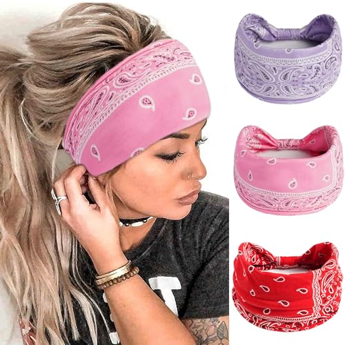 FULZTEY Boho Headbands for Women Wide Knotted Head Bands Paisley Floral Print Hairband Cotton Headwraps Elastic Non Slip Workout Yoga Bandana Large African Turban Fashion Hair Accessories 3Pcs - color: Style 104