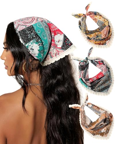 AWAYTR 3Pcs Hair Bandanas Head Kerchief for Women Girls Tie-Back Boho Hair Scarf Headband Bandana Triangle Head Scarf - color: Brown / Green / Pink