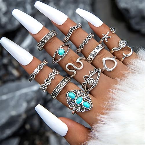 Bohemian Joint Knuckle Rings Set for Women,Vintage Boho Turquoise Stackable Rings Chunky Retro Turquoise Midi Finger Ring Statement Western Jewelry - style: Style D