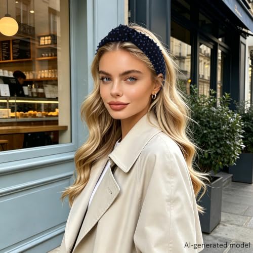 YISSION Navy Blue Dense Beaded Knotted Headband for Women, Wide Padded Top Knot Headband, Non Slip Comfortable Fashion Hairband for Daily Wear, Party, Wedding - color: Navy Blue