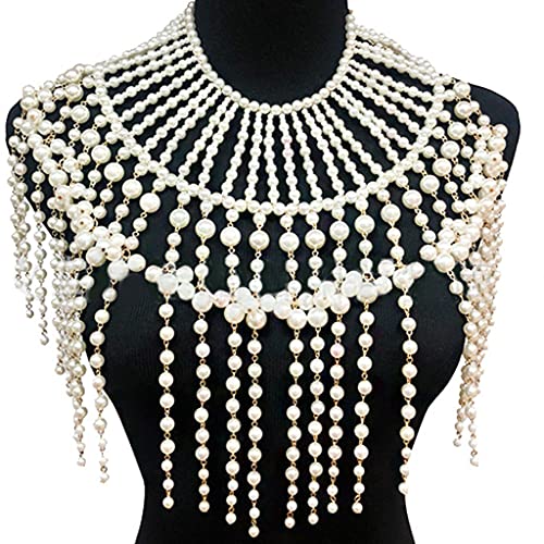 Pearl Shawl Layered Jewelry Shoulder Body Chain Harness Pearl Beaded Necklace Collar - color: Colorless