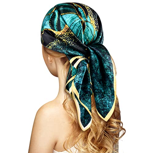 Stlvoll 100% Silk Head Scarf for Women - 27" Hair Scarves Satin Bandanas Square for Night Sleeping with Gift Packed - color: Green/Yellow