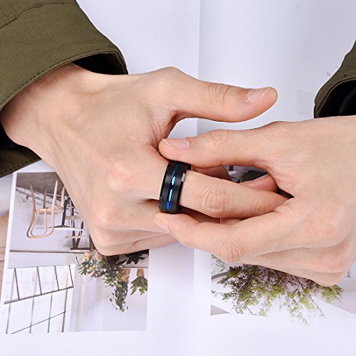 King Will Mens Tungsten Rings for Men Two Tone Grooved Mens Wedding Band Cool - color: Black & Blue 10mm