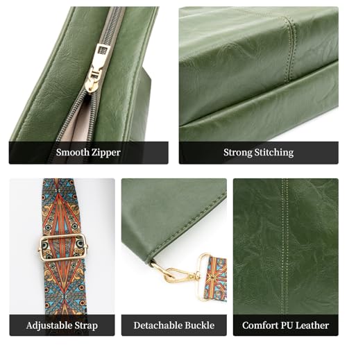 Hobo Bags for Women Crossbody Bag Guitar Strap Purse Vegan Leather Shoulder Handbags Boho Purses Tote Bucket Bag - color: Green