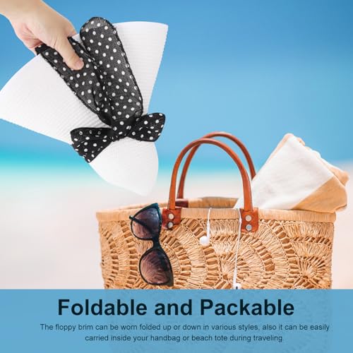 DRESHOW Beach Hats for Women Big Straw Wide Brim Summer Hat Floppy Foldable Roll up Cap Sun Hat UPF 50+ - color: 1 Pack: White With Black Polka Dot Band, 4.7" Brim