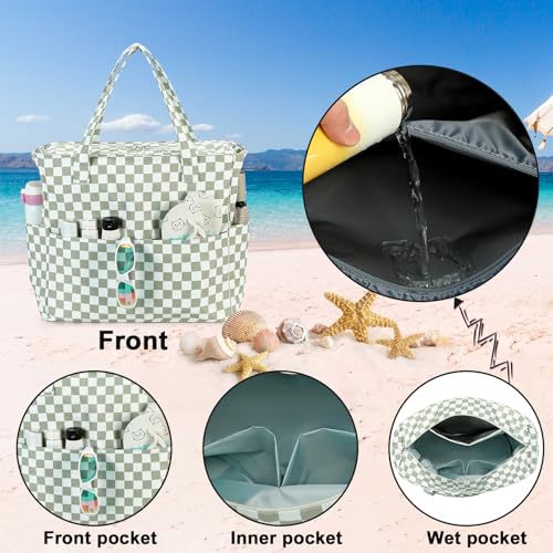 Bluboon Waterproof Beach Tote Pool Bags for Women Ladies Extra Large Carry On Bag With Wet Compartment for Weekender Travel - color: Grass Green White Grid