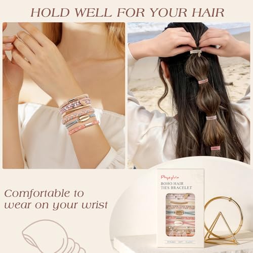 10 PCS Cute Hair Ties Bracelet for Women - 5 Styles Soft Braided Nylon Elastic Hair Bands No Damage Ponytail Holders - Pink Hair Accessories for Thick Thin Curly Hair with Gift Box - color: Pink
