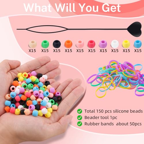 150Pcs 10mm Small Silicone Beads for Hair Braids, Soft Jellyish Pony Hair Beads with 5mm Hole + 50 Rubber Bands and 1 Beader for Braiding, DIY Bracelets Necklaces Crafts (Multicolors) - color: Multicolor-150Pcs