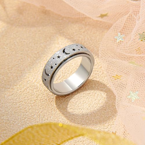 Anxiety Ring for Women Spinner Rings:Rotating Rings Stainless Steel 6mm Moon Star Anxiety for Men Band Jewelry Gift for Women Size 6 7 8 9 10 - color: B-Silver
