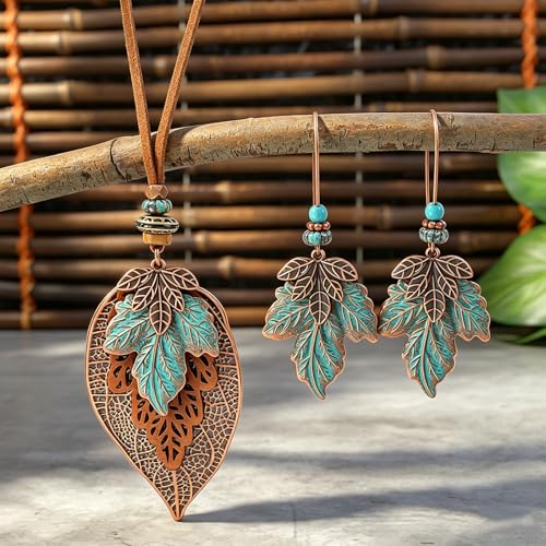 Wooden Leather Necklaces Set Bohemian Wood Stack Discs Long Chain Hemp Rope Bronze Plated Pendant Ethnic Tribal Fall Leaf Earrings Jewelry Statement Necklace - color: R-029
