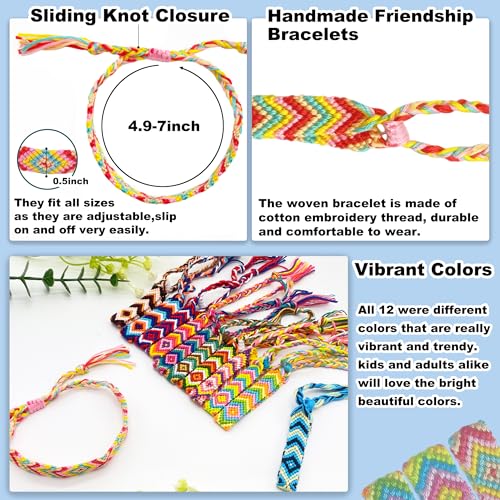 LanMa Woven Friendship Bracelets for Kids Girls Wowen, 12 Pack Handmade Adjustable Friendship Bracelet with Knot, Multicolor Braided Bracelets for End of Year Gifts/Birthday Gift/Party Favor