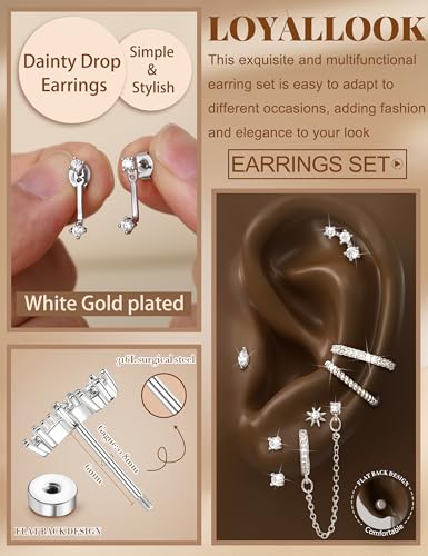 LOYALLOOK Hypoallergenic Flat Back Stud Hoop Earrings for Women, 14K Gold Plated Surgical Steel Earring Stacks Set for Sensitive Ears, Dainty Dangle Chain Silver Cartilage Earring Trendy Piercing Jewelry - color: Silver-cuff