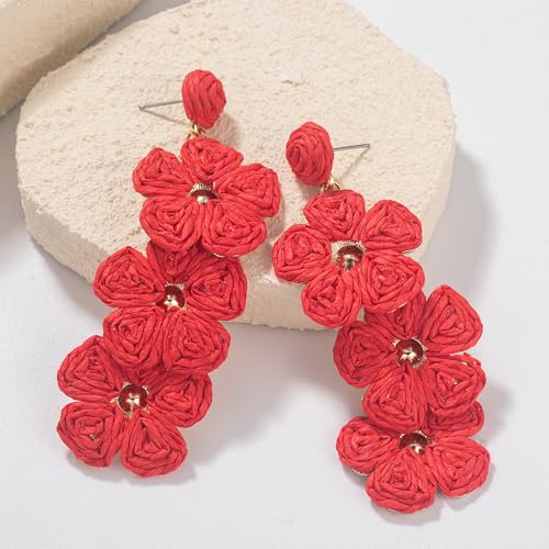 Boho Flower Earrings Statement Raffia Dangle Earrings Cute Floral Jewelry Trendy Summer Beach Vacation Outfits for Women - color: Red-2