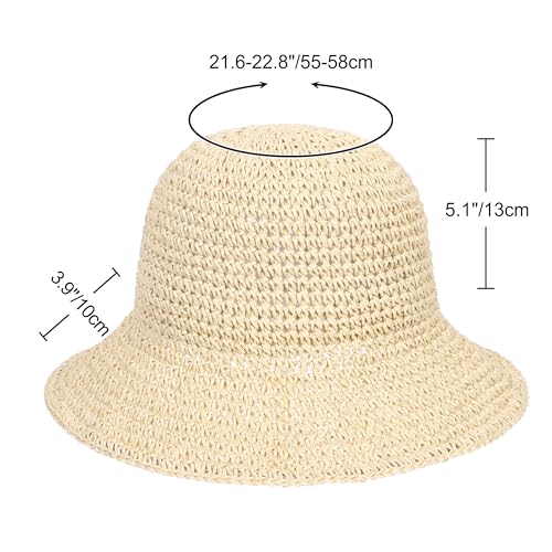 Womens Sun Hat Handmade Crochet Straw Bucket for Summer Foldable Travel Cap - color: Beige