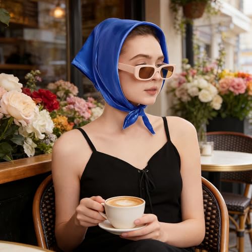 American Trends Women Silk Feeling Scarf Satin Head Scarves Square Wrap Neck Scarf Lightweight Silk Like Bandana - color: Z 2 Pack Blue