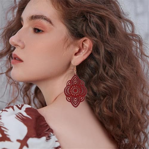 Bohemian Wood Earrings Natural Retro Lightweight Hollow Pattern Geometric Wooden Dangle Drop Earrings Statement Vintage Jewelry - color: Wine Red Earrings
