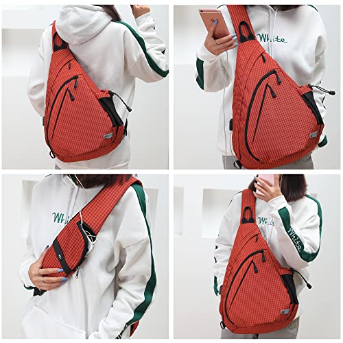 TurnWay Water-Proof Sling bag/Crossbody Backpack/Shoulder Bag with USB Charging Port for Travel, Hiking, Cycling, Camping - color: Orange Grid