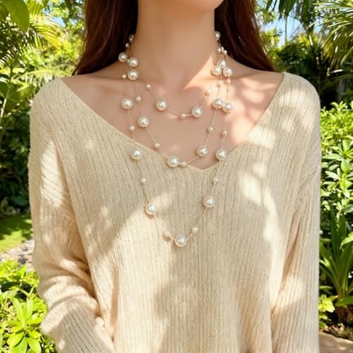 Layered Pearl Necklaces for Women Big Pearl Long Chain Necklace Dainty Faux Pearl Necklaces Statement Sweater Strand Chain Jewelry - style: gold