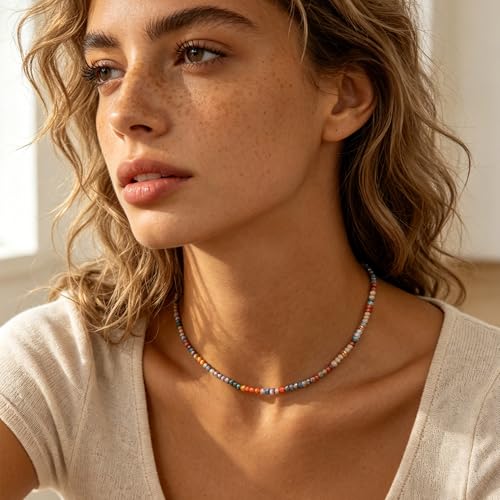 JSJOY Tiny Crystal Beaded Choker Necklaces for Women Colorful Beaded Necklace Dainty Choker Necklaces Simple Boho Jewelry Gifts for Teens Handmade Shining Bead Necklaces Gifts - color: Gray