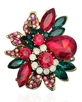 CSY Luxury Women's Austrian Crystal Leaves Flower Big Cocktail Statement Rings Stretch Adjustable Ring Jewelry Accessories - color: Red