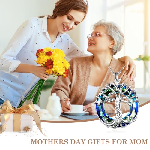TOUPOP Tree of Life Necklace Gifts for Women 925 Sterling Silver Family Tree Pendant with Crystal Birthday Irish Jewelry Gifts for Women Her Wife Mom - color: 01-Blue Crystal-Silver