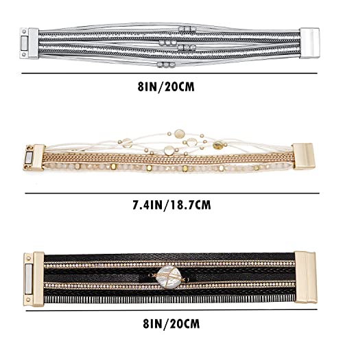 Wowanoo 3Pack Leather Cuff Bracelet Set Multilayer Wrap Bracelet Crystal Feather Tree Bracelet Magnetic Clasp Bracelet for Women - color: Bead Black