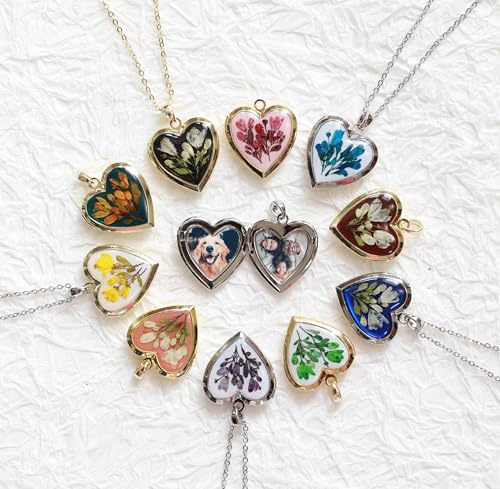 Handmade Dried Pressed Flower Heart Shaped Photo Locket Pendant Necklace - color: Gold, style: Yellow Flower on White