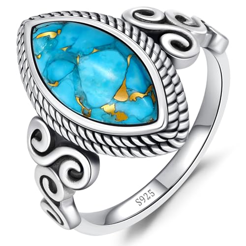 AVECON Turquoise Rings for Women, 925 Sterling Silver Boho Statement Ring Infinity Design, Marquise Cut Turquoise Vintage Western Style Birthday Mother's Day Jewelry Gift, Size 5-9