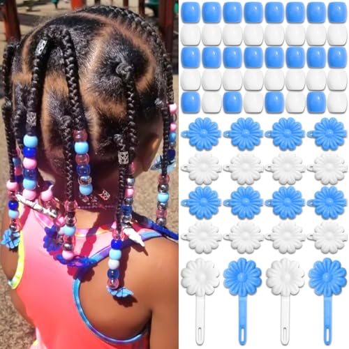 60PCS Hair Beads Blue White Acrylic Pony Bead for Hair Dreadlock Flower Self Hinge Hair Barrettes Cute Braid Beads for Kids Girls 80s 90s Cartoon Plastic Clips Hair Decoration Accessories - color: Blue&White