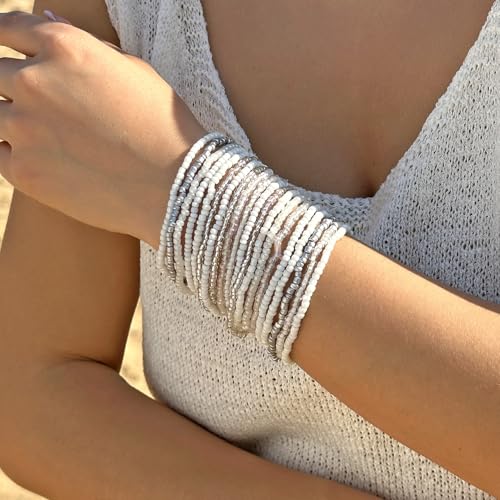 Fuqimanman2020 17Pcs Elastic Beaded Handmade Bracelets Bohemian Stackable Beaded Stretch Bracelets Colorful Rainbow Seed Beach Anket Bracelet Set Summer Jewelry for Women - color: White