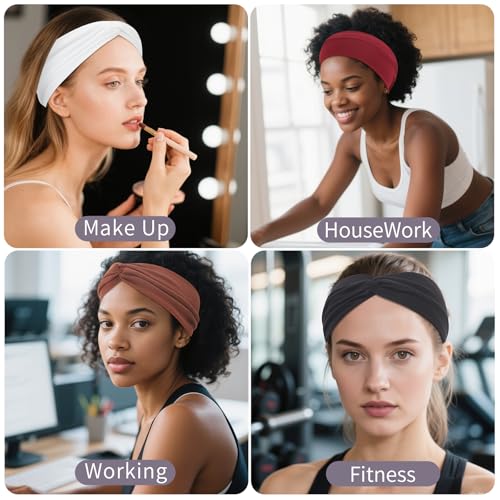 12 Pcs Stretchy Headbands for Women, Absorbed Sport Headband Soft Twist Knotted Hairbands for Daily Life Yoga Workout(Black/Brown/White/Red) - color: Black/Brown/White/Red