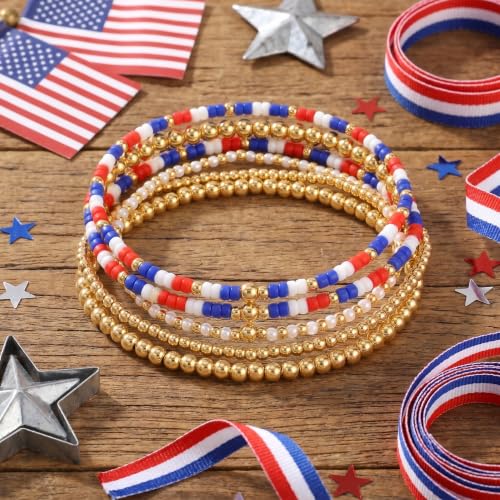 14K Gold Plated Beaded Bracelets Stack Set for Women,Stretch Boho Colorful Beads Ball Jewelry Friendship Summer Trendy - color: 4th of july
