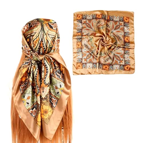 35 x 35 Women's Fashion Pattern Large Square Silk Like Hair Scarf Head Sleeping Wrap Satin Neck Bandana for Gift… - color: Big Cashew Camel